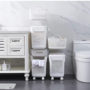 HANAMYA 3 pieces of Laundry Hampers Basket, with Lid and Wheels, Modern Hollow-carved Design, White