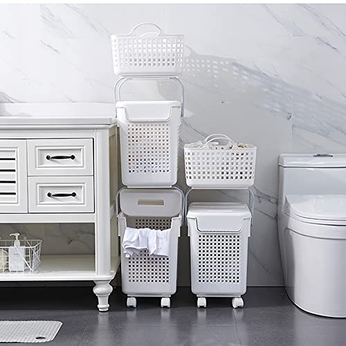 HANAMYA 3 pieces of Laundry Hampers Basket, with Lid and Wheels, Modern Hollow-carved Design, White