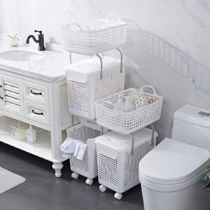 HANAMYA 3 pieces of Laundry Hampers Basket, with Lid and Wheels, Modern Hollow-carved Design, White