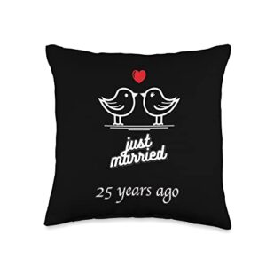 Wedding Anniversary Matching Couple Gift Shirts 25th Wedding Anniversary-Just Married 25 Years Ago Throw Pillow, 16x16, Multicolor