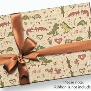 Stesha Party Dinosaur Valentines Day Wrapping Paper - Folded Flat 30 x 20 Inch (3 Sheets)