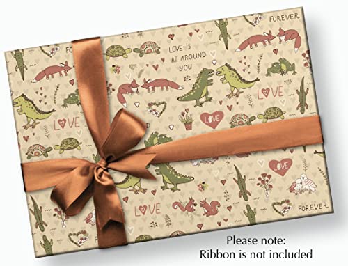 Stesha Party Dinosaur Valentines Day Wrapping Paper - Folded Flat 30 x 20 Inch (3 Sheets)