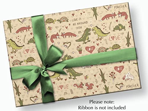 Stesha Party Dinosaur Valentines Day Wrapping Paper - Folded Flat 30 x 20 Inch (3 Sheets)