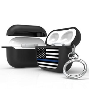 hybrid silicone protective case compatible with airpods 3, airpods 3rd generation 2021 with keychain slim two piece snaps on case black thin blue line flag
