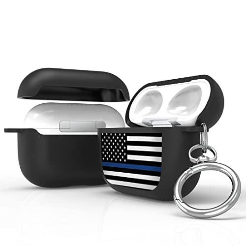 Hybrid Silicone Protective Case Compatible with AirPods 3, AirPods 3rd Generation 2021 with Keychain Slim Two Piece Snaps On Case Black Thin Blue Line Flag