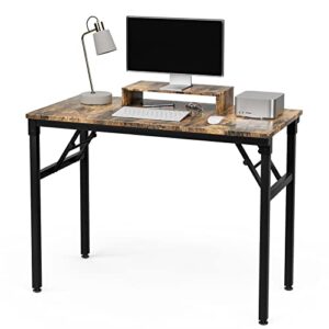 riswer computer desk with monitor riser folding table home office writing study desk 39” width 19” depth with industrial style small table metal frame rustic brown