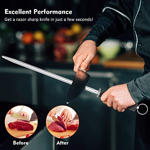 Knife Sharpener Rod,10" Honing Rod Commercial Grade Knife Sharpening Steel Rod Adopt 66HRC Hard Alloy Steel Material With Rosewood handle for Kitchen Knives and Hunting Blade Sharpening (10")