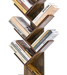 Hoctieon 6 Tier Tree Bookshelf, 6 Shelf Bookcase with Drawer, Modern Book Storage, Free Standing Tree Bookcase, Utility Organizer Shelves for Home Office, Living Room, Bedroom, Rustic Brown