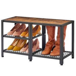 hoctieon 3-tier shoe bench, shoe rack for entryway, metal mesh shoe organizer with bench, small shoe storage rack for boots, multifunctional shoe organizer for closet, rustic brown & black