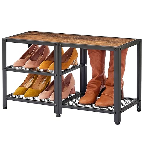 Hoctieon 3-Tier Shoe Bench, Shoe Rack for Entryway, Metal Mesh Shoe Organizer with Bench, Small Shoe Storage Rack for Boots, Multifunctional Shoe Organizer for Closet, Rustic Brown & Black