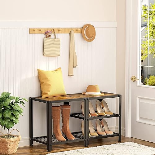 Hoctieon 3-Tier Shoe Bench, Shoe Rack for Entryway, Metal Mesh Shoe Organizer with Bench, Small Shoe Storage Rack for Boots, Multifunctional Shoe Organizer for Closet, Rustic Brown & Black