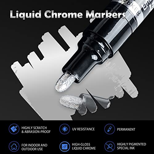 3Pcs Silver Liquid Mirror Chrome Markers, Permanent Reflective Liquid Chrome Paint Pens Set, High Gloss Art Car DIY Model Repair Markers Set for Plastic Metal Glass Ceramic - 0.7mm,1mm & 3mm