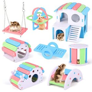 Tiibot 8 Pieces Fun Hamster Toys DIY Wooden Gerbil Hideout Include Swing Seesaw Rainbow Villa Bear's Nest Fitness Circle Arch Bridge Bell Roller Snail House for Sport Exercise Small Animals, Blue