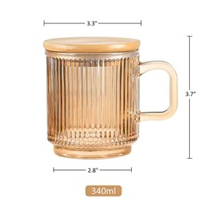 Joeyan Amber Glass Coffee Mugs Set of 2-11.5 oz Striped Coffee Cups with Lid - Large Drinking Glasses with Handle for Latte, Coffee, Tea, Milk, Juice