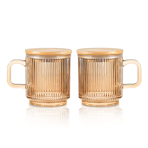 Joeyan Amber Glass Coffee Mugs Set of 2-11.5 oz Striped Coffee Cups with Lid - Large Drinking Glasses with Handle for Latte, Coffee, Tea, Milk, Juice