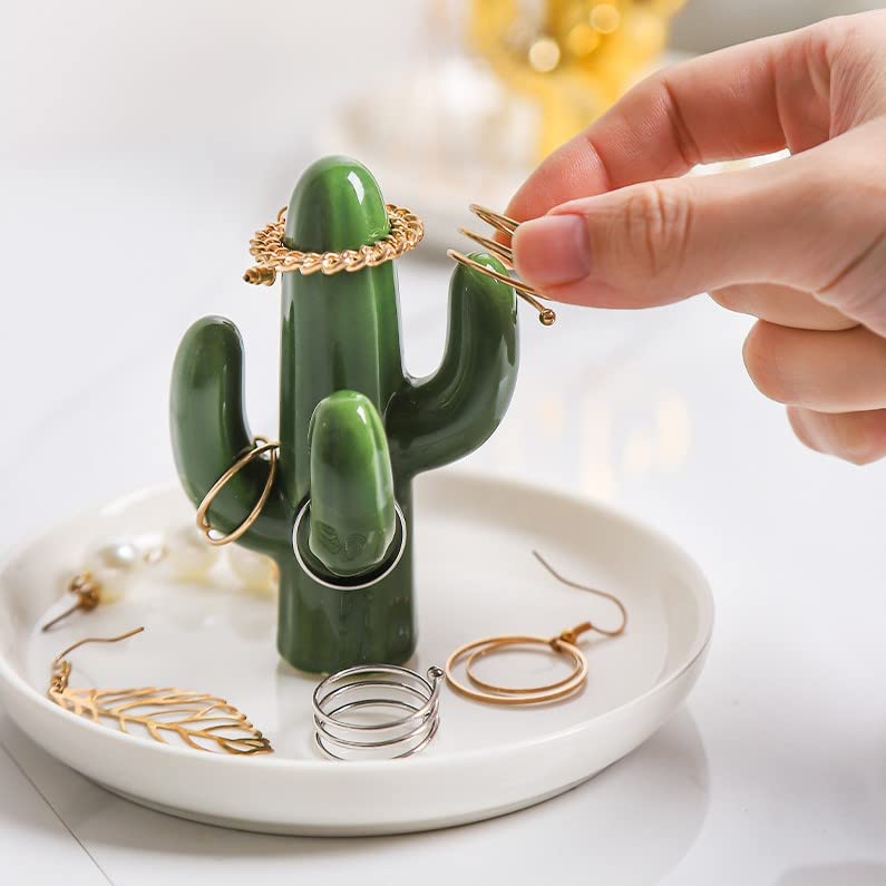 Elsjoy Set of 2 Aloe and Cactus Ring Holder Dish, Ceramic Plant Jewelry Dish Bracelet Earrings Necklace Organizer Tray, Decorative Succulent Trinket Dish for Wedding, Birthday Gifts, Home Decor