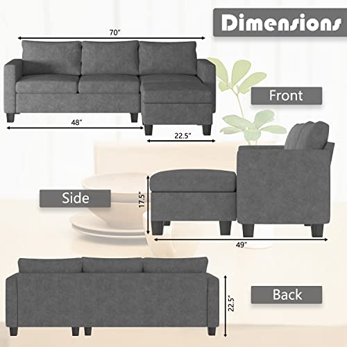 YESHOMY Convertible Sectional Sofa, L-Shaped Couch with Soft Seat and Modern Cotton Fabric for Small Space, Living Room Settee with Comfortable Backrest, Dark Gray