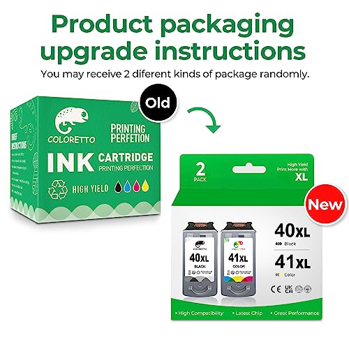 COLORETTO Remanufactured Ink Cartridge Replacement for Canon PG-40XL CL-41XL 40 XL 41 XL(1 Black,1 Color) to use with MP140 iP2500 MP470 MP150 MP190 MP160 iP2600 iP1800 MP210 iP1700 MX300 Printer