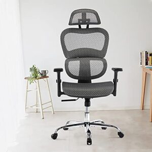 ergonomic chair, high back executive style, modern office chair with lumbar support, breathable mesh covering, fully adjustable armrests, height and headrest, grey