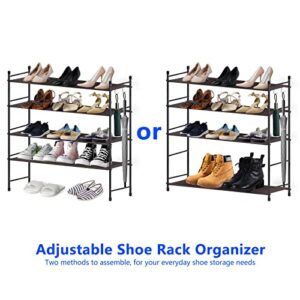 smusei Shoe Rack for Entryway 4 Tier Freestanding Adjustable Expandable Sturdy Closet Fabric Shoe Rack Storage Organizer with 2 Metal Hooks for Home, Dorm, Hallway, Bronze