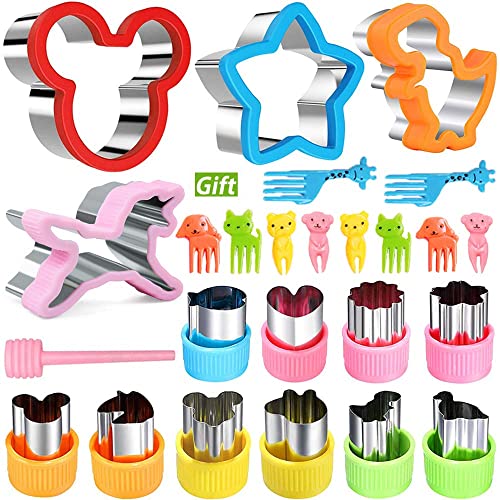 Crethinkaty Sandwich Cutter Set - 4 Pieces Sandwich Cutters Set Dinosaur&Unicorn&Star Shapes 10 Pieces Fruit Shape Cutters Vegetable Cutter Set Mini Animal Cookie Cutter Fruit Stamps Mold.