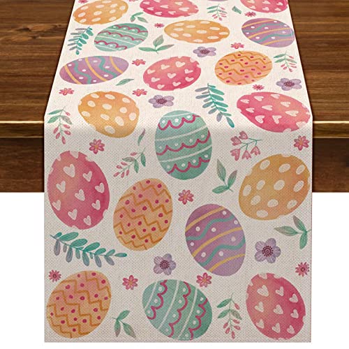 Nepnuser Linen Happy Easter Table Runner Spring Easter Egg Decoration Farmhouse Home Dining Room Kitchen Table Decor (13" x 72")