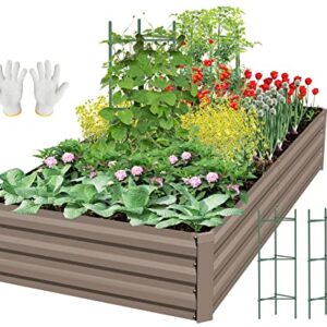 SONFILY Raised Garden Bed Metal Raised Garden Bed Outdoor Kit Garden Boxes Raised Galvanized Planter Raised Beds for Gardening Vegetables Fruit with 2pcs Tomato Cages,8x4x1ft,Brown