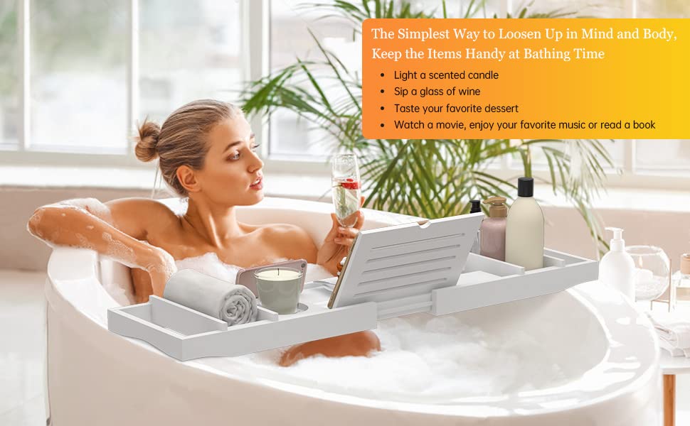 Bamboo Bathtub Tray Bath Tub Caddy with Expandable Handles Wine Glass Phone Holder Book Stand for Bathroom White