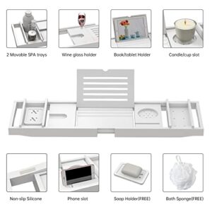 Bamboo Bathtub Tray Bath Tub Caddy with Expandable Handles Wine Glass Phone Holder Book Stand for Bathroom White