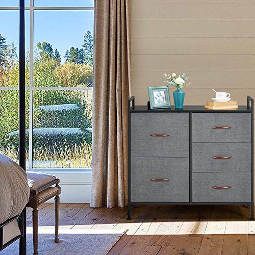 Topeakmart Organizer with 5 Drawers, Fabric Storage Tower Unit for Living Room Hallway Entryway Office, Sturdy Metal Frame, Easy Pull Handle - Dark Gray