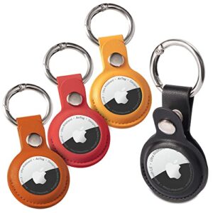 4 pack airtag holder for apple air tags, leather air tag case with airtag keychain/key ring tracker, for dogs, backpacks, wallet,luggage,cat, for apple air tag accessories, brown/black/red/yellow