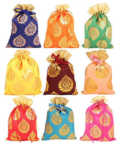 Touchstone Drawstring Bags Traditional Indian Handcrafted in Ficus Leaf Pattern Brocade Fabric. Perfect for Gifts Jewelry Weddings Sweet Distribution Set of 9 Vibrant Multicolor Pouches Purses Potli.