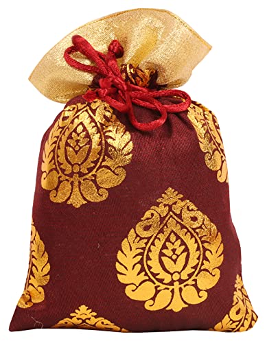 Touchstone Drawstring Bags Traditional Indian Handcrafted in Ficus Leaf Pattern Brocade Fabric. Perfect for Gifts Jewelry Weddings Sweet Distribution Set of 9 Vibrant Multicolor Pouches Purses Potli.