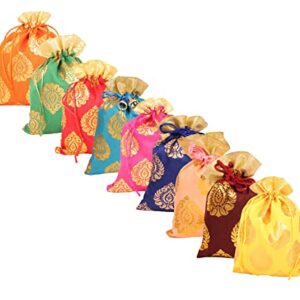 Touchstone Drawstring Bags Traditional Indian Handcrafted in Ficus Leaf Pattern Brocade Fabric. Perfect for Gifts Jewelry Weddings Sweet Distribution Set of 9 Vibrant Multicolor Pouches Purses Potli.