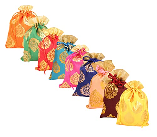 Touchstone Drawstring Bags Traditional Indian Handcrafted in Ficus Leaf Pattern Brocade Fabric. Perfect for Gifts Jewelry Weddings Sweet Distribution Set of 9 Vibrant Multicolor Pouches Purses Potli.