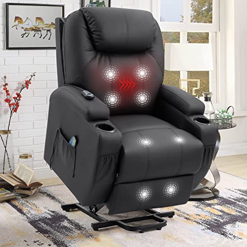 YESHOMY Power Lift Recliner Chair with Massage and Heating Functions, PU Leather Sofa with Remote Control and Two Cup Holders, Suitable for Living Room, Dark Black