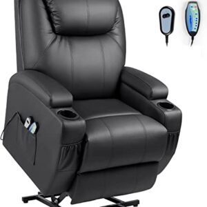 YESHOMY Power Lift Recliner Chair with Massage and Heating Functions, PU Leather Sofa with Remote Control and Two Cup Holders, Suitable for Living Room, Dark Black