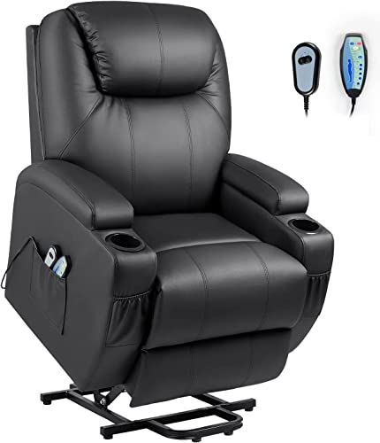 YESHOMY Power Lift Recliner Chair with Massage and Heating Functions, PU Leather Sofa with Remote Control and Two Cup Holders, Suitable for Living Room, Dark Black