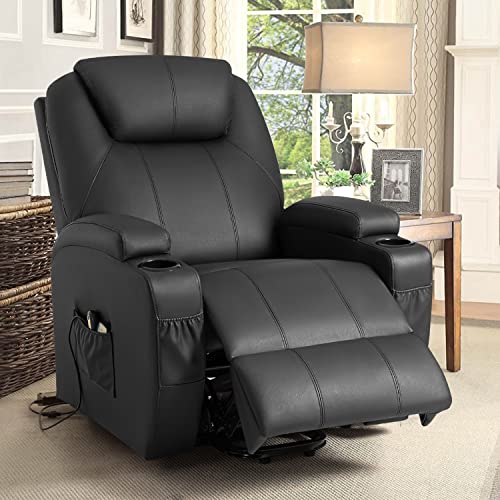 YESHOMY Power Lift Recliner Chair with Massage and Heating Functions, PU Leather Sofa with Remote Control and Two Cup Holders, Suitable for Living Room, Dark Black