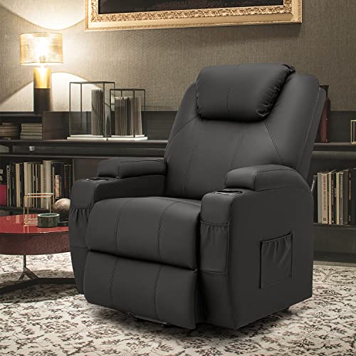 YESHOMY Power Lift Recliner Chair with Massage and Heating Functions, PU Leather Sofa with Remote Control and Two Cup Holders, Suitable for Living Room, Dark Black