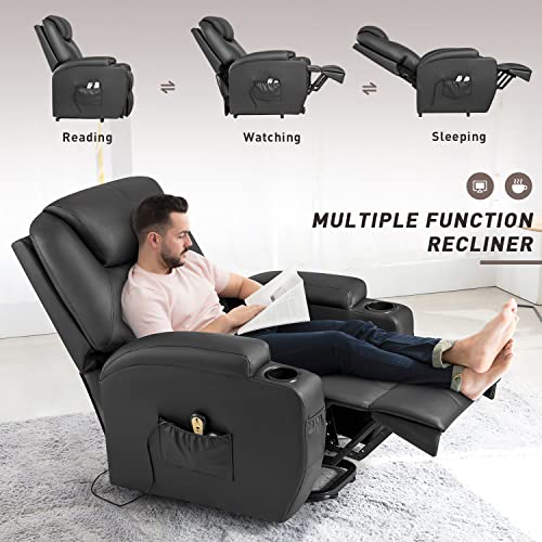 YESHOMY Power Lift Recliner Chair with Massage and Heating Functions, PU Leather Sofa with Remote Control and Two Cup Holders, Suitable for Living Room, Dark Black