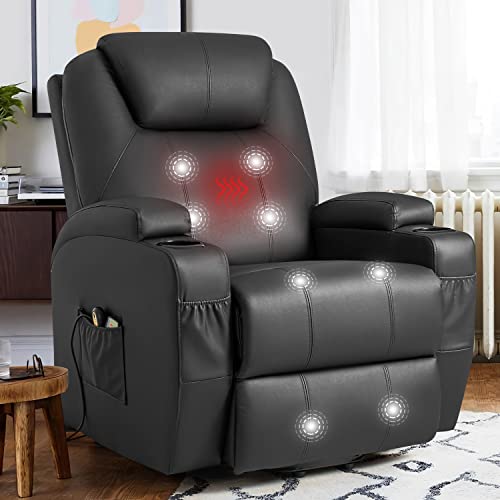 YESHOMY Power Lift Recliner Chair with Massage and Heating Functions, PU Leather Sofa with Remote Control and Two Cup Holders, Suitable for Living Room, Dark Black