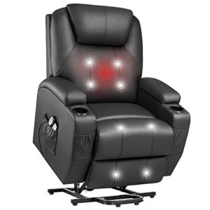 YESHOMY Power Lift Recliner Chair with Massage and Heating Functions, PU Leather Sofa with Remote Control and Two Cup Holders, Suitable for Living Room, Dark Black