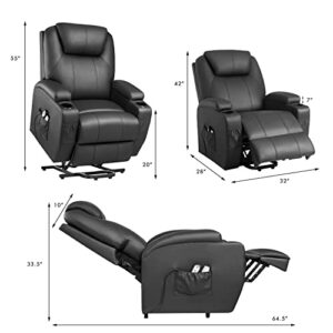 YESHOMY Power Lift Recliner Chair with Massage and Heating Functions, PU Leather Sofa with Remote Control and Two Cup Holders, Suitable for Living Room, Dark Black