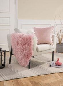 ashler home deco soft faux sheepskin fur rug pink fluffy area rug & throw pillow covers with pom