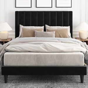 imusee queen size velvet upholstered tufted platform bed frame with headboard, strong wooden slats, box spring optional, mattress foundation, easy assembly, black