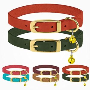 bronzedog cat collar with bell 2 pcs adjustable leather cats collar for puppy kitten red blue green brown pink (neck fit 7" - 9", red & green)