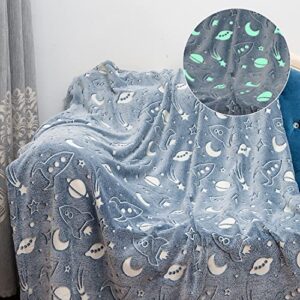 QH Space & Rocket Pattern Glow in The Dark Throw Blanket Luminous Unicorns Blanket-Fun, Cozy Fleece Throw Blanket Made for Great Gifts 60in x 50in