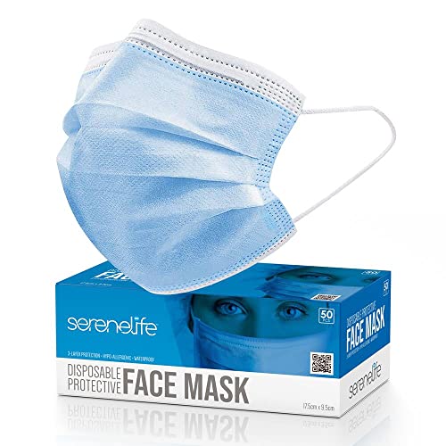 Disposable Face Masks 50 PCS 3 Layer Protection Breathable Face Masks, For Dust Covering, Protective Dust Filter, PPE Safety Mouth Cover, and Nose Shield - SereneLife 50 Blue