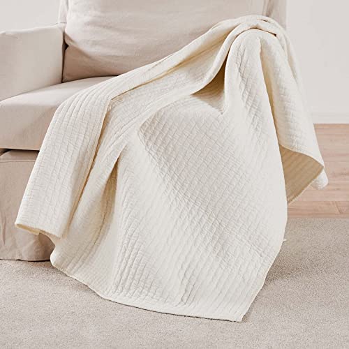 Levtex - Cross Stitch - Quilted Throw - 50x60in. - 100% Cotton - Reversible Pattern - Cream Quilted Throw with White Stitching